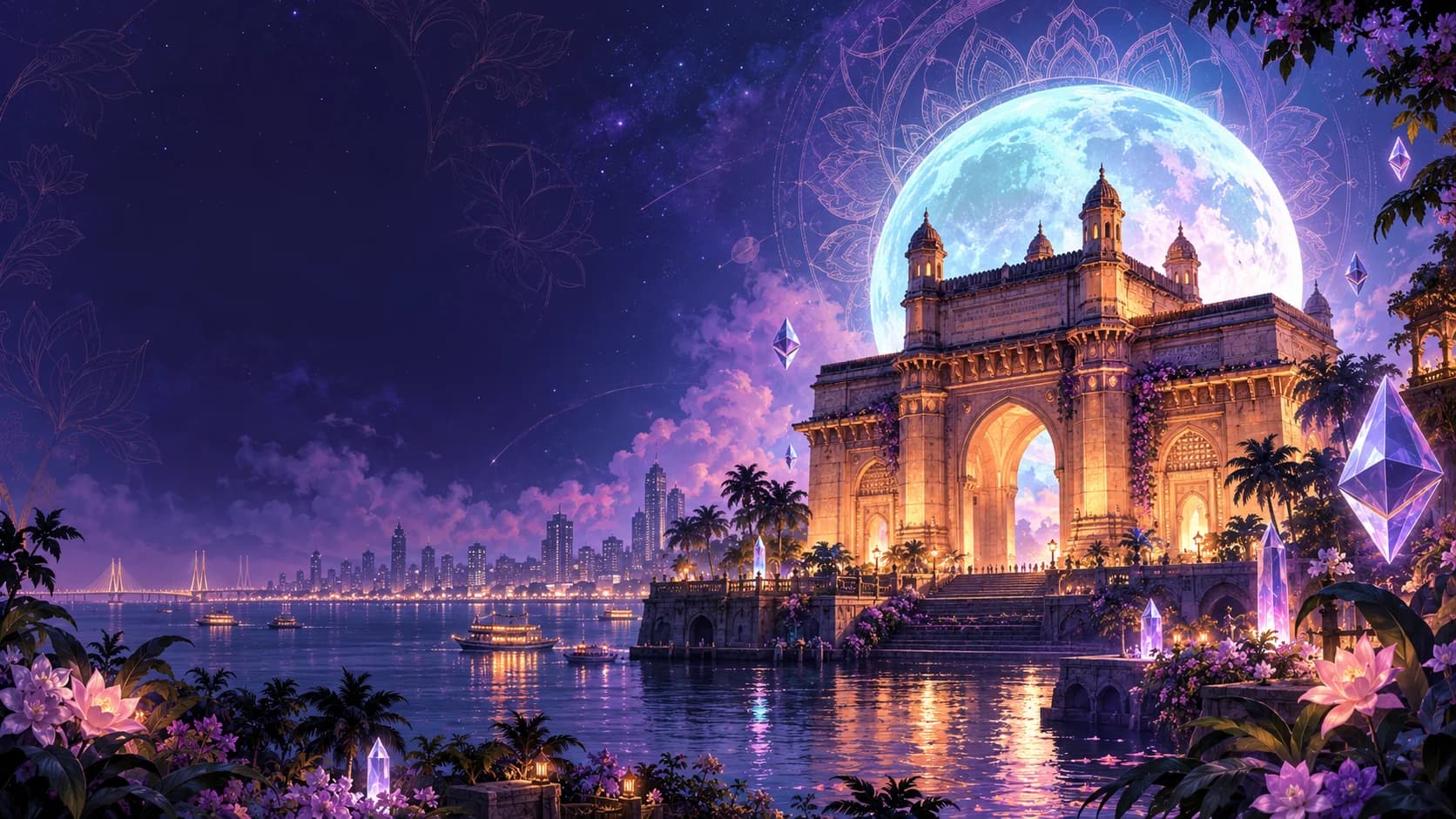 An illustrated Mumbai gateway beneath a luminous moon, surrounded by a violet garden and floating crystals