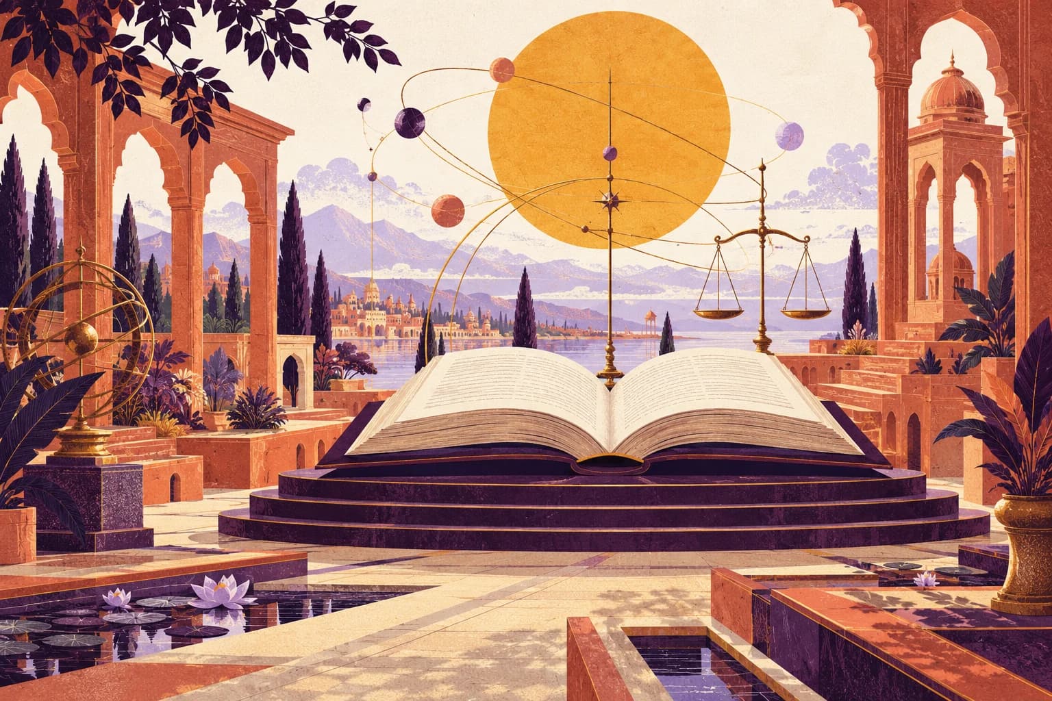 An illustrated open book in an Indian architectural garden, with celestial orbits and a balance scale