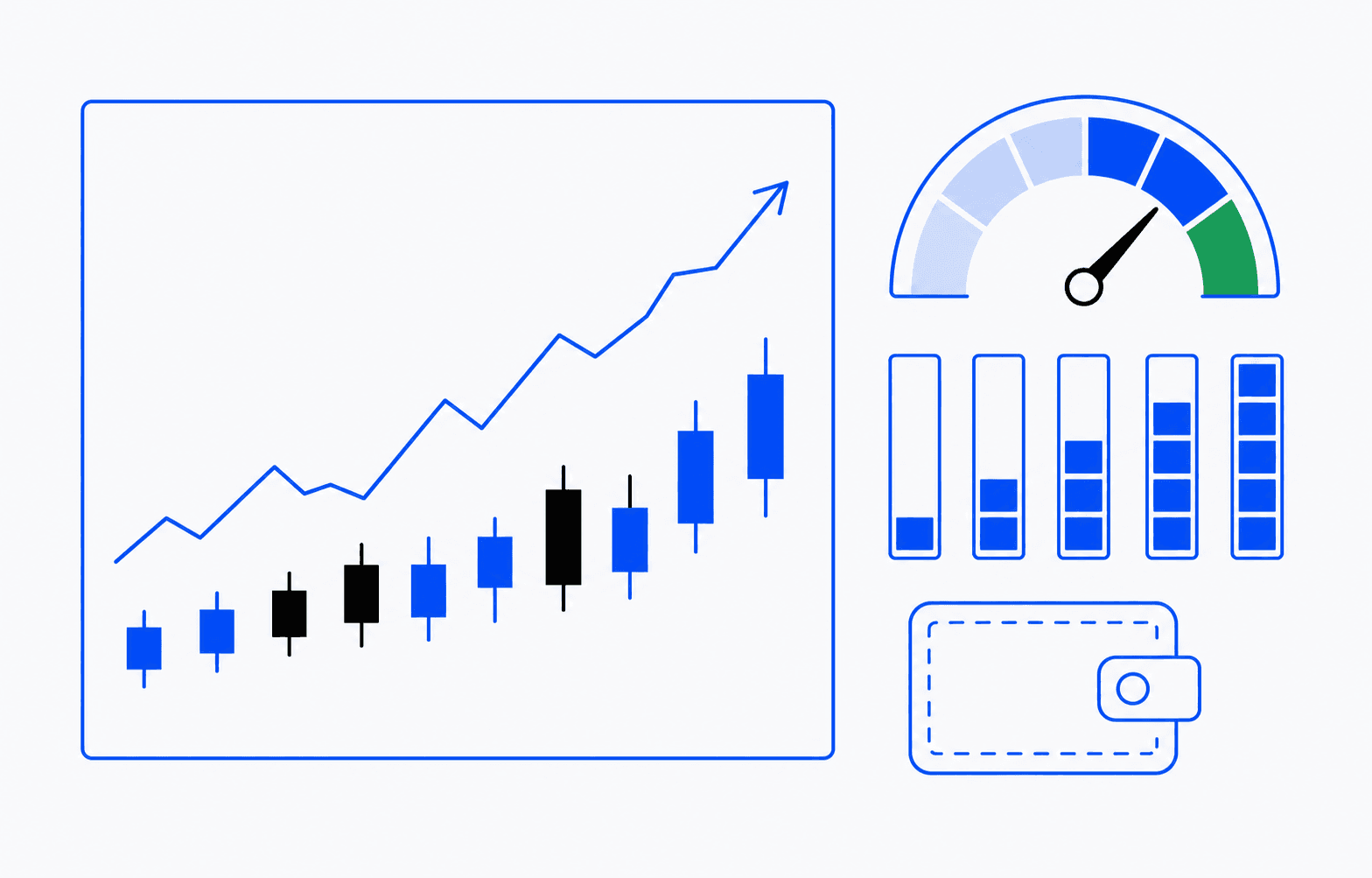 Flat illustration of a practice chart, position sizing, risk, and virtual wallet